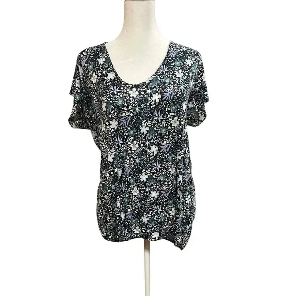 Ann Taylor LOFT Tunic Size M Blue Green Floral Short Sleeve Open V Back